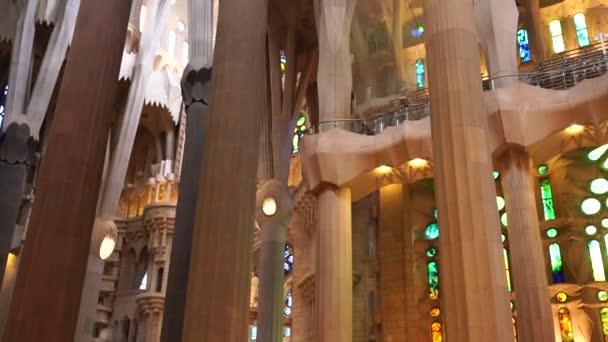 Wnętrza kościoła Sagrada Familia - kolumny, sklepienia, witraże i sufit w Barcelonie, Hiszpania. — Wideo stockowe