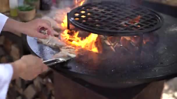 El chef asará los calamares con brochetas de madera . — Vídeo de stock