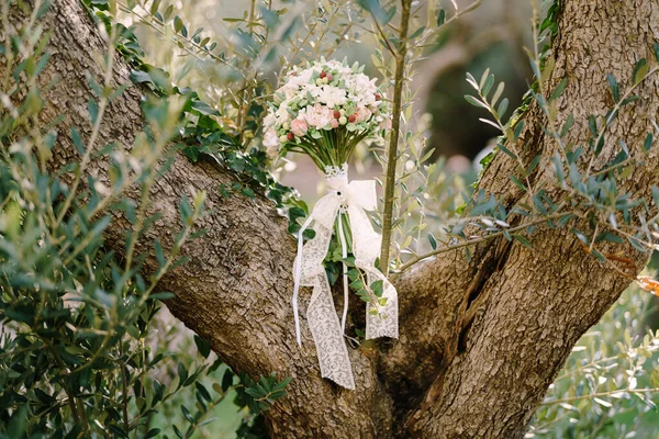 Bukiet ślubny białych i różowych róż, dzikie jagody, gruczolak z białymi koronkowymi wstążkami na pniu drzewa oliwnego — Zdjęcie stockowe