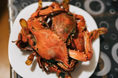 Masada pişmiş kırmızı haşlanmış mavi yengeç..