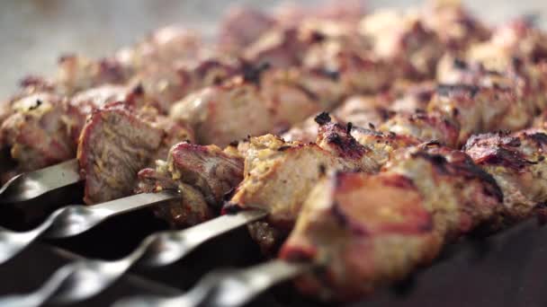 Cucina carne e delizioso concetto di cibo. Carne agli spiedini. Shashlik marinato che si prepara su un barbecue sopra carbone di legna. Carne appetitosa grigliata su spiedini. Cucinare shashlik. Carne di maiale alla griglia sul carbone — Video Stock