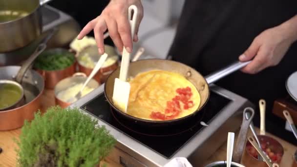 Il cuoco prepara una frittata di uova e pomodori. — Video Stock