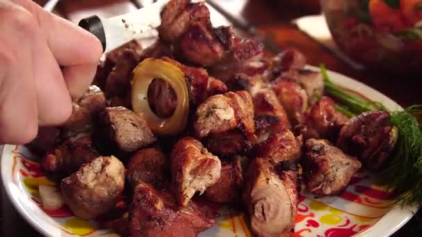 De kok legt de afgewerkte kebab in een bord. Geroosterd varkensvlees op een vuur. — Stockvideo