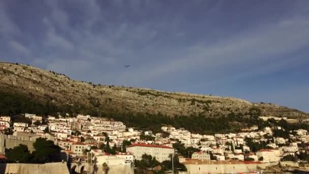 Un pescăruș zboară pe cer peste un andoc de barcă lângă zidurile orașului vechi Dubrovnik din Croația . — Videoclip de stoc