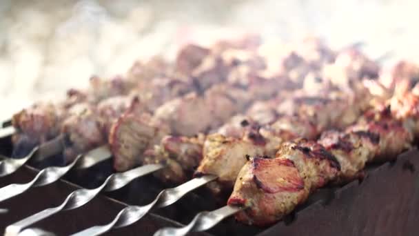 Shashlik烹饪概念。烤肉上烤美味的特写。烧烤烤架上烤沙士力克 — 图库视频影像