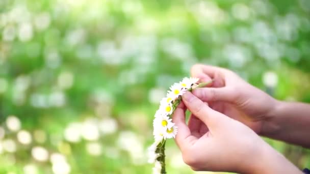 Un primo piano delle mani delle donne. Una ragazza tesse una ghirlanda di margherite. — Video Stock