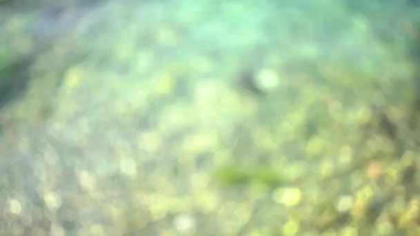 Красива блискуча текстура розмитої блакитної води з сонцем, відображеною на поверхні води — стокове відео