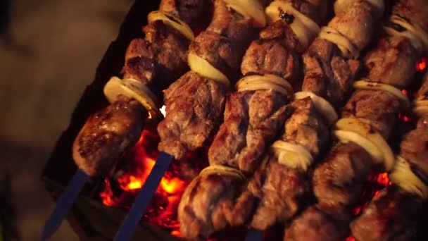 Shish kebab en pinchos en la parrilla. De cerca. — Vídeos de Stock