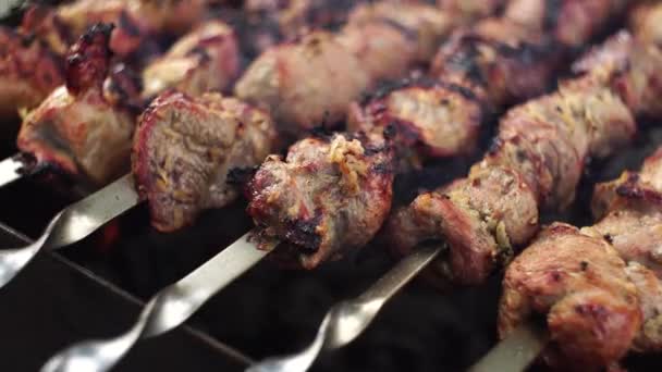 Primer plano de aperitivo caliente shish kebab en brochetas de metal se prepara en el carbón al aire libre. Parrilla shashlik en parrilla barbacoa — Vídeo de stock