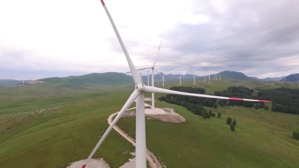 Primer plano de las palas de los aerogeneradores con rayas rojas contra un bosque verde y un campo . — Vídeos de Stock