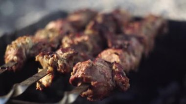 Shashlik ya da Shashlyk mangalda mangal yapmaya hazırlanıyor. Metal şişte ızgara domuz eti. Şiş üzerindeki et ateşte kızarır.