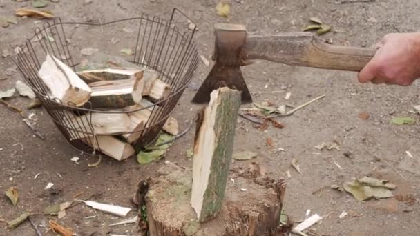 Fakir bir Rus köyünde büyükbabam kütüğüne baltayla odun kesiyor. Sonbahar Köy Bahçesi. Kış için odun topluyorum.. — Stok video