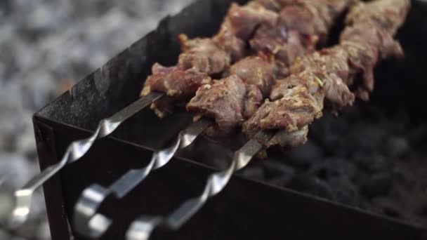 Bahçe ızgarasında lezzetli şişler. Et bir tükürüğe delindi ve mangal kömürüyle kızartıldı. Izgara ızgara. Shashlik. Seçici odaklanma. Yumuşak odak — Stok video