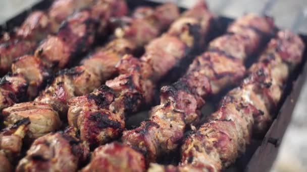 Marinovaný shashlik připravuje na grilu nad dřevěným uhlím. Kebap na grilovací restauraci k večeři. Šťavnaté maso na uhlí. Tradiční ruská a orientální kuchyně. Květnové prázdniny v Rusku piknik — Stock video