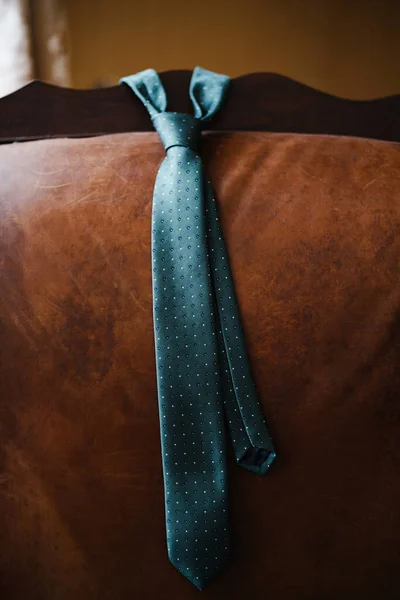 Corbata verde oscuro para hombre con lunares blancos y azules en la parte posterior de un sofá de cuero . —  Fotos de Stock