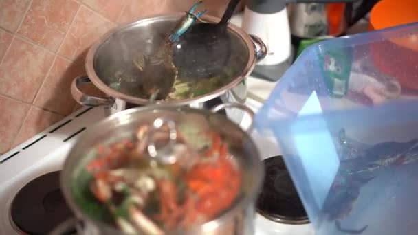 El chef cocina cangrejos azules, un manjar entre mariscos . — Vídeos de Stock