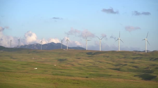 Un gran número de aerogeneradores se encuentran en el campo al atardecer, un horizonte con cielo azul y nubes de terciopelo . — Vídeo de stock