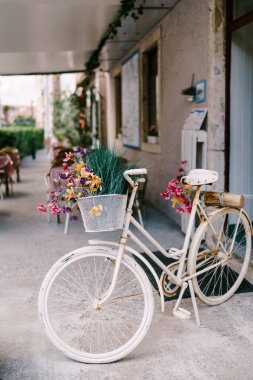 Dekoratif beyaz bisiklet. Salonun beyaz zemininde kır çiçekleriyle dolu bir sepet..