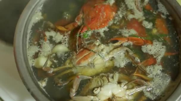De chef roert met een lepel blauwe krabben in een pan met kokend water. Gekookte zeekrabben zijn rood. — Stockvideo