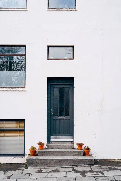 De ingang is van een zwarte deur naar een modern gebouw met ramen van verschillende grootte en bloempotten op de trappen. — Stockfoto