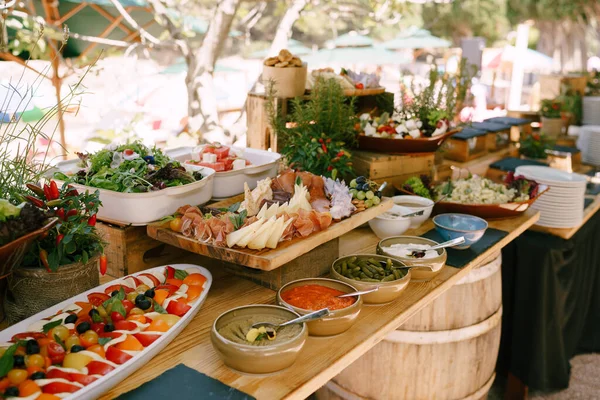 Um lugar para preparar comida para um banquete na natureza com pratos e tábuas de iguarias e saladas. — Fotografia de Stock