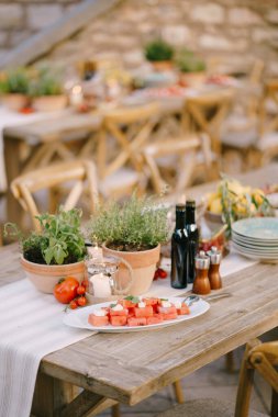 Bir gala etkinliği için bir tabak karpuz, saksılar dolusu çiçek ve balgam ve biberlikle süslenmiş bir masa..