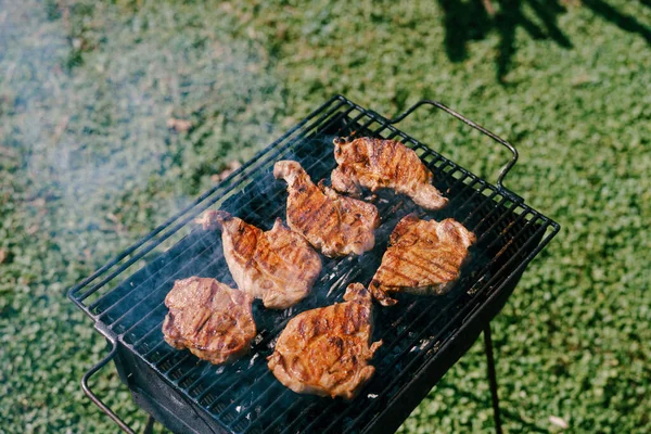 Le bistecche sono grigliate. Picnic in giardino. — Foto Stock