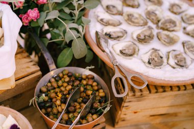 Masadaki istiridyeler mutfak maşası ve bir kepçe doldurulmuş zeytin..