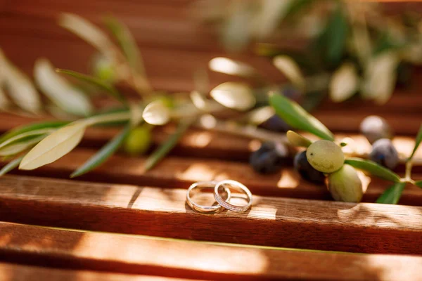 As alianças de casamento de ouro em pastilhas de madeira com um ramo de uma oliveira com frutos em um contexto borrado. — Fotografia de Stock