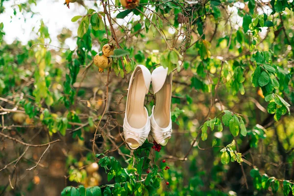 Witte bruiloft schoenen op granaatappel takken met groene bladeren en fruit. — Stockfoto