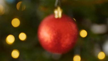 Ağaç dallarında kırmızı bir Noel topunun makro çekimi.
