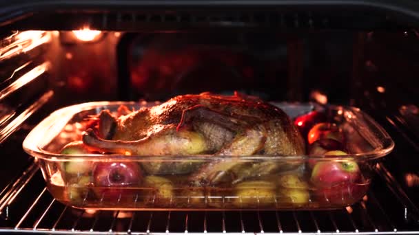 Рождественский ужин - утка с яблоками и картофелем запекается в духовке. — стоковое видео