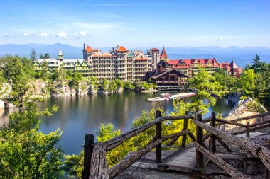 Scenic view of Mohonk Mountain House and Mohonk Lake in upstate New York. clipart
