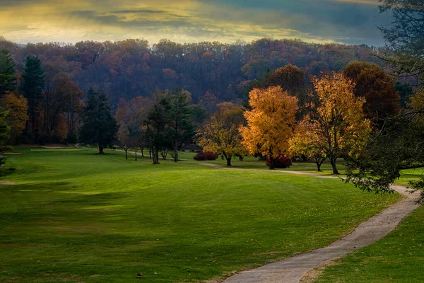 Sun Setting North Carolina Countryside Golden Maple Trees — Stock Photo, Image