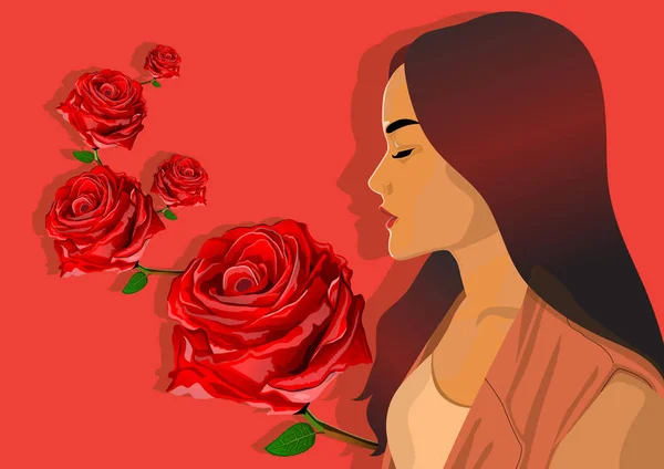 Красива Жінка Червоною Трояндою Векторна Графіка