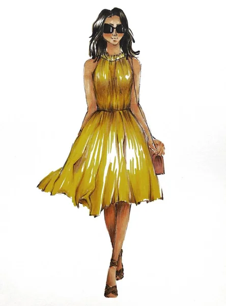 黄色い光の夏ドレスの女の子 画像はマーカーで作られて — ストック写真
