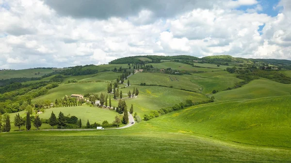 Aérien de la route des cyprès de Monticchiello, Toscane, Italie — Photo