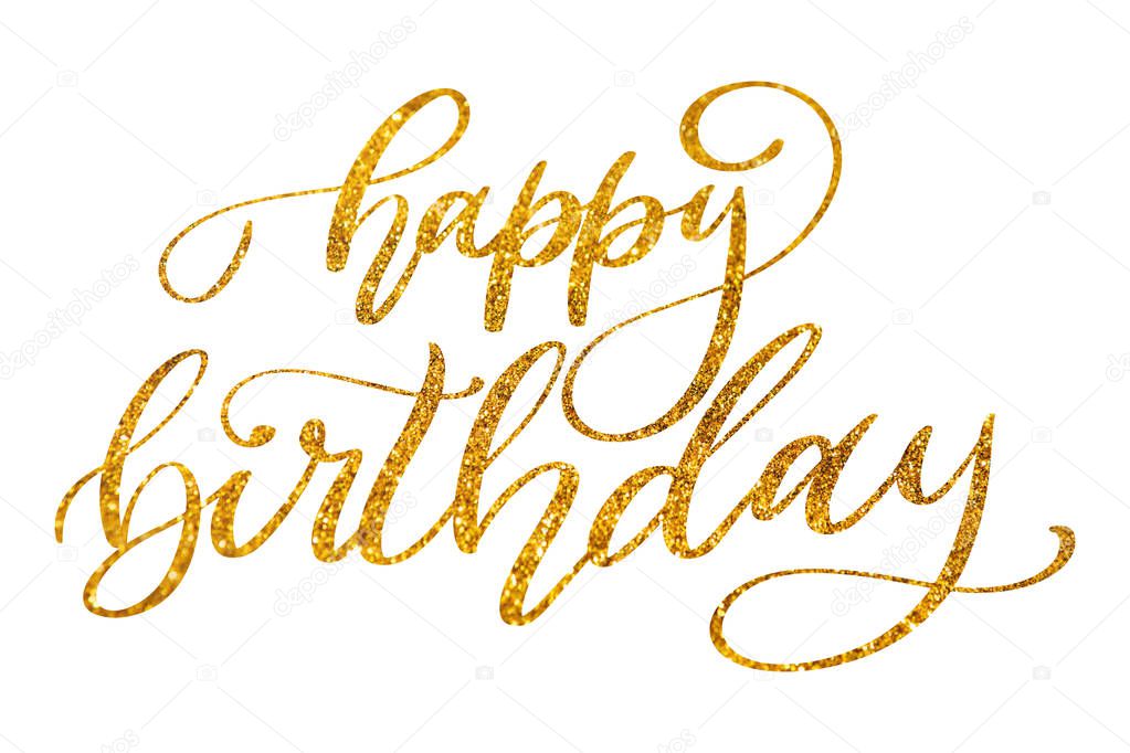 colorful hand drawn Glitter Happy birthday calligraphy text on white background 