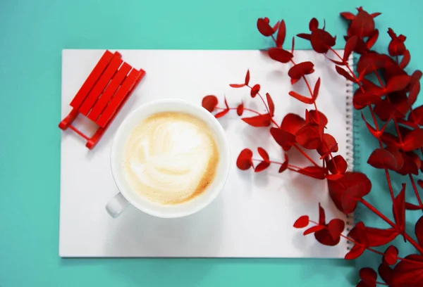 Csésze cappuccino vörös eukaliptusz neo menta színes háttérrel . — Stock Fotó