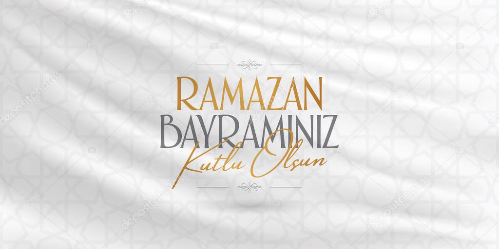 Eid al-Fitr Mubarak Islamic Feast Greetings (Turkish: Ramazan Bayraminiz Kutlu Olsun) Holy month of muslim community Ramazan. Billboard, Poster, Social Media, Greeting Card template. 