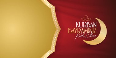 Fedakârlık ziyafeti (bayram al-Adha mübarek) (Türkçe: Kurban Bayramınız kutlu olsun) Müslüman toplumun kutsal günleri. Billboard, poster, sosyal medya, tebrik kartı şablonu.