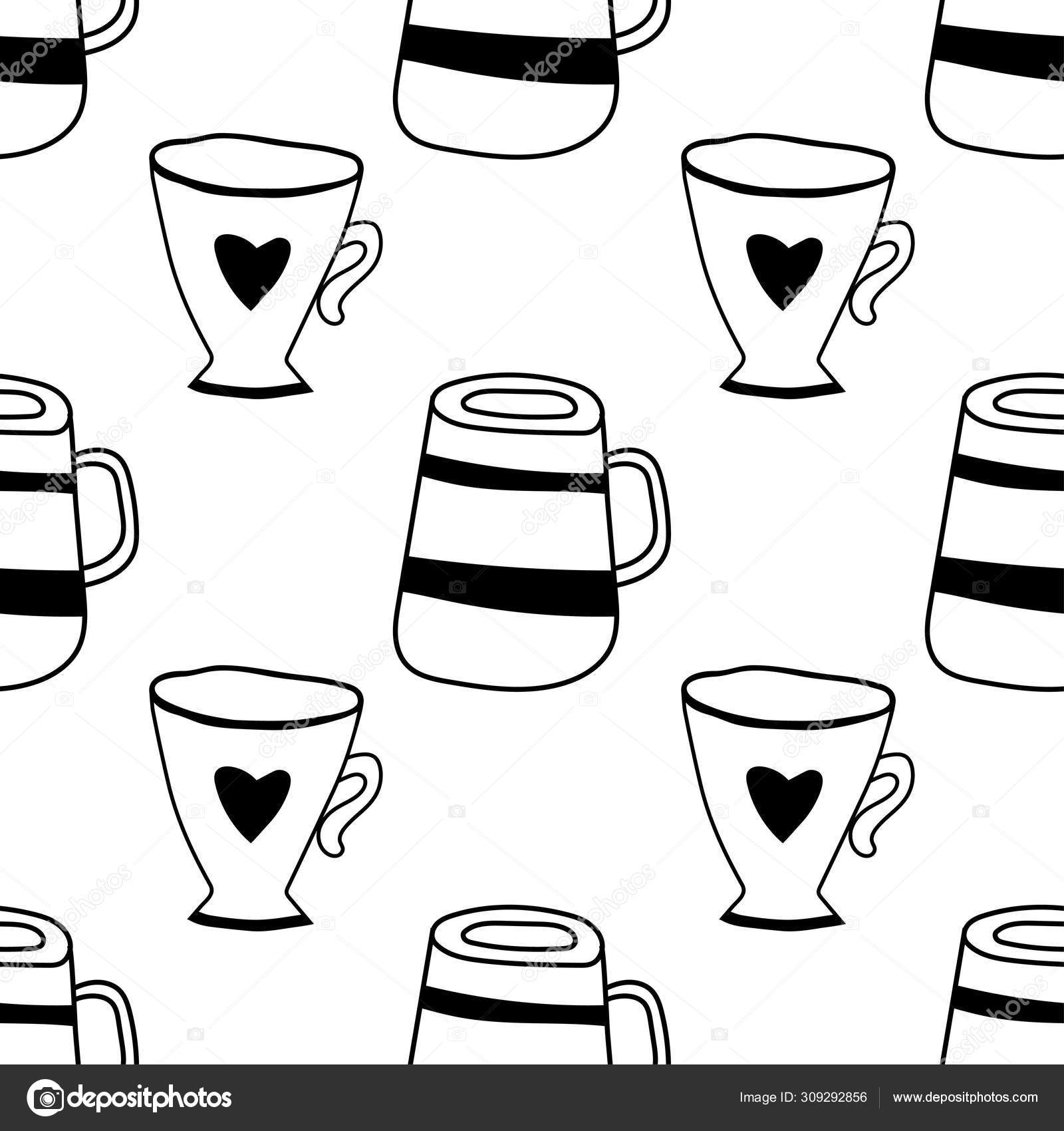紅茶やコーヒーマグの白黒イラスト 塗り絵 ページのためのシームレスなパターン ストックベクター C Lilipom