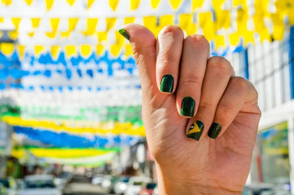 Hand Closed Showing Nails Painted Colors Flag Brazil Background Flags — Stock Photo, Image