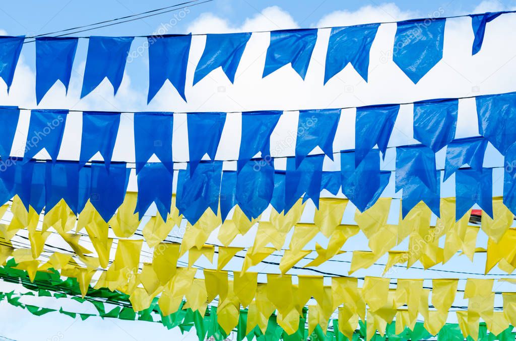 Party flags in Brazil of a cultural party of So Joo, in colors of brazil flag.