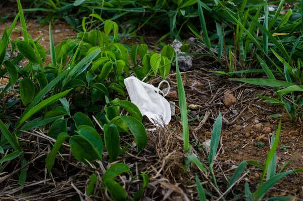 緑の植物の真ん中にゴミとして捨てられた白い使い捨てマスク — ストック写真