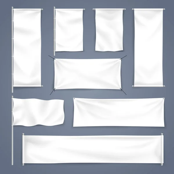 Illustrazione Vettoriale Bandiera Tessile Bianca Con Pieghe Pubblicità Mock — Vettoriale Stock