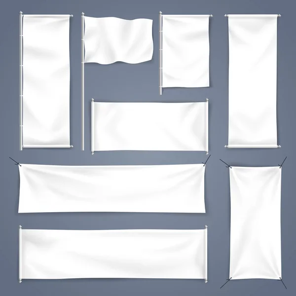 Bandiera Tessile Bianca Con Pieghe Illustrazione Vettoriale Set Bandiere Pubblicità — Vettoriale Stock