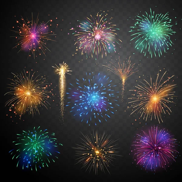 Set Brossage Feux Artifice Avec Illustration Vectorielle Scintillante Colorée — Image vectorielle