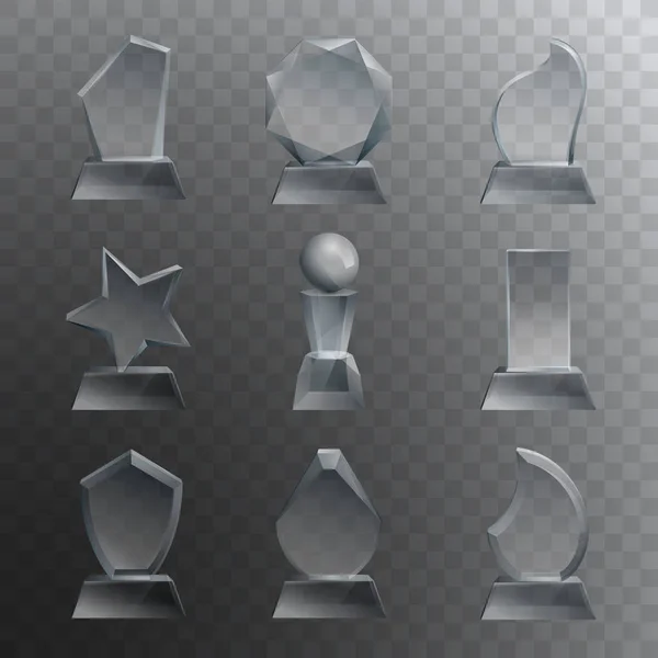ガラス トロフィー プラーク刻まれたクリスタル賞現実的な分離した透明な背景のベクトル図 — ストックベクタ