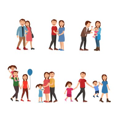 Mutlu aile başından beri çift, evli, çocuğu yok. Baba, Anne, oğlu ve kızı. Düz vektör çizim